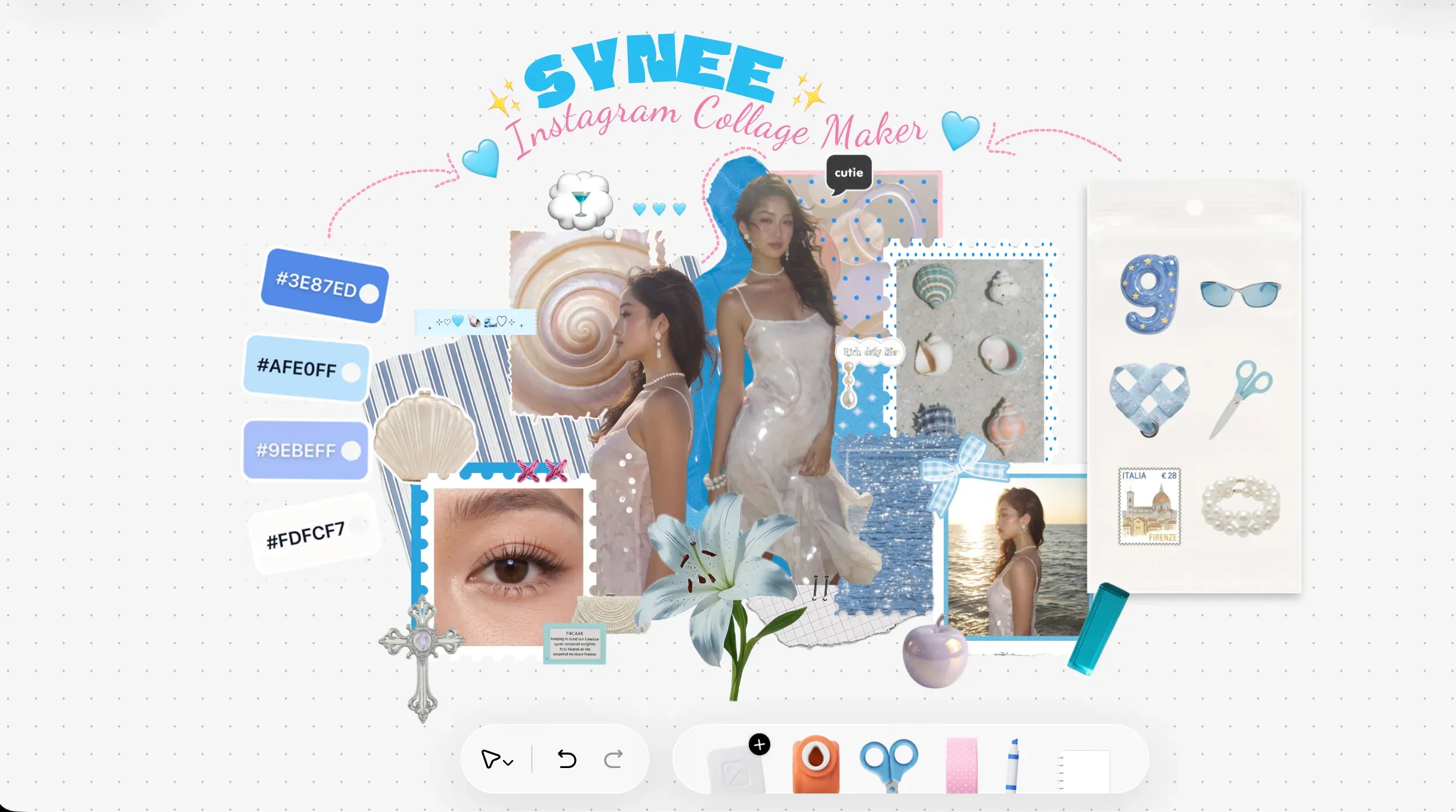 Synee 动态拼贴创作产品的界面、生成素材与用户创作结果